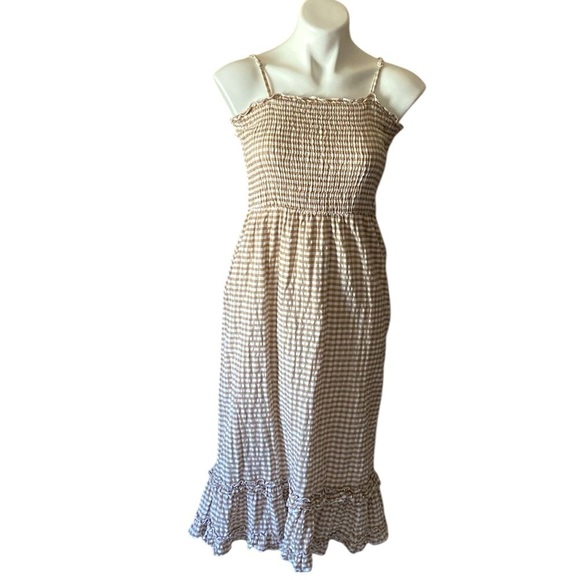 Sim & Sam Dresses & Skirts - Sim & Sam Tan Cotton Sleeveless Smocked Gingham Dress Size Large